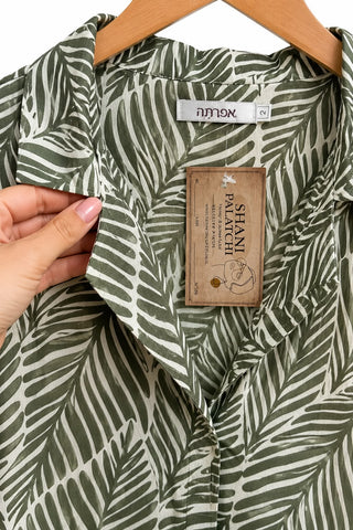שמלה ישרה סטן בפרינט עלים בירוק שמנת- L-XL