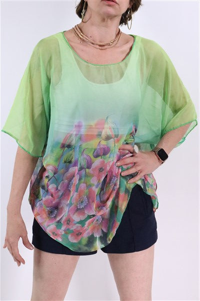 חולצת שיפון פרחונית בירוק- L-XXL, תמונה 5